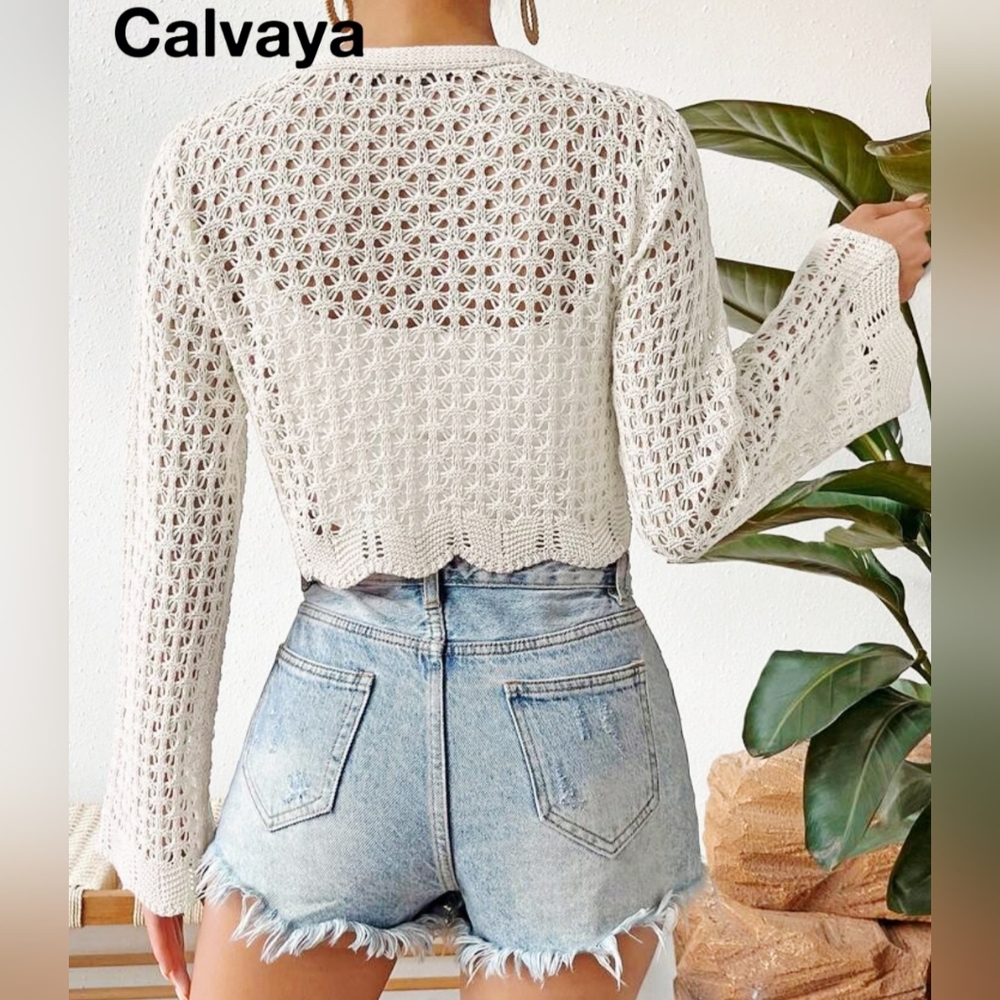 Crochet Tie Front Scallop Trim, Trumpet Sleeve Cropped Cardigan Boho Festival - Picture 2 of 10